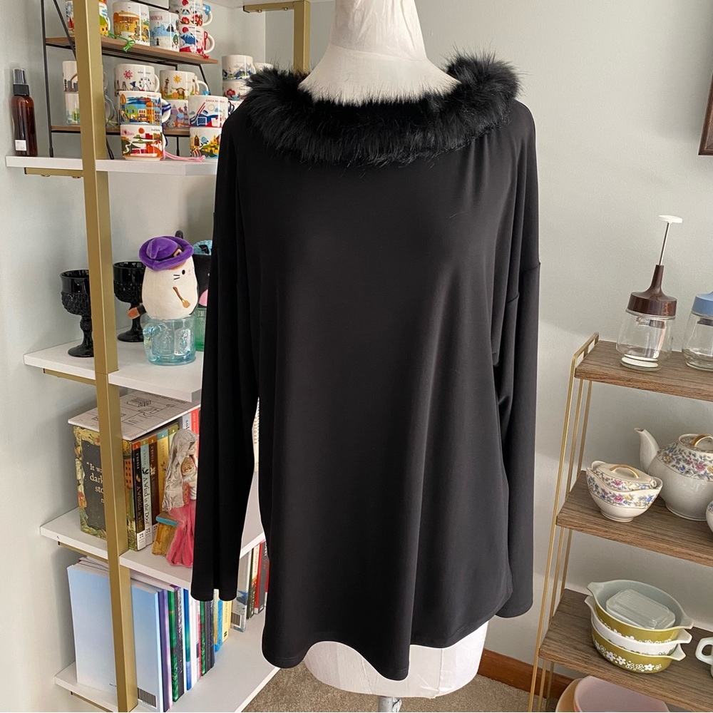 Joseph Ribkoff faux fur lined top black blouse shirt size 16 NWT